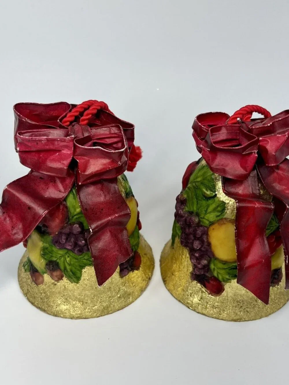 Dept 56 Gold Foil Bells RaisedFruit Design OrnamentWired Ribbon HTF Set Of 4